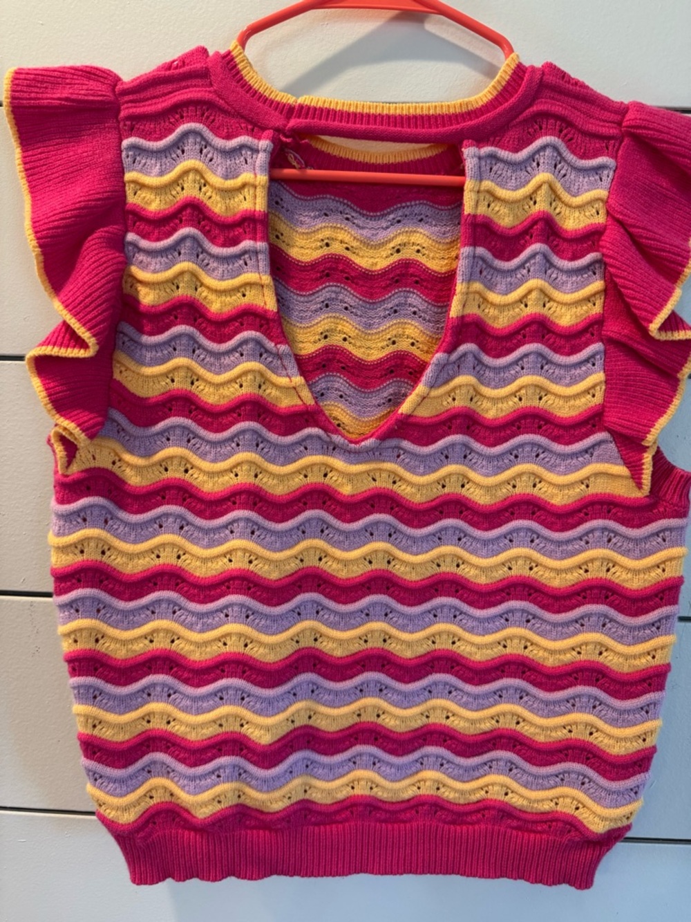 THML Wavy Stripe Ruffle Knit Tank Top - Hot Pink, Yellow & Lavender - Picture 3 of 3